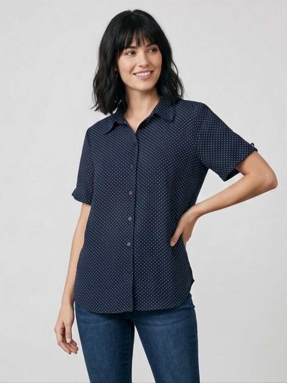 Marie-Lou Navy Blue Polka Dot Button-Down Blouse - Size XL